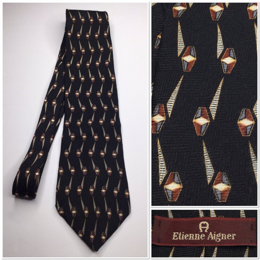 Vintage Etienne Aigner Mens 100% Silk Tie Geometric Pattern Black Brown Preppy